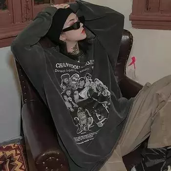 Винтажные серые женские толстовки в стиле гранж Y2K, эстетичная уличная одежда в стиле Харадзюку, женский свитшот E Girl, большой размер с принтом и длинными рукавами L серый