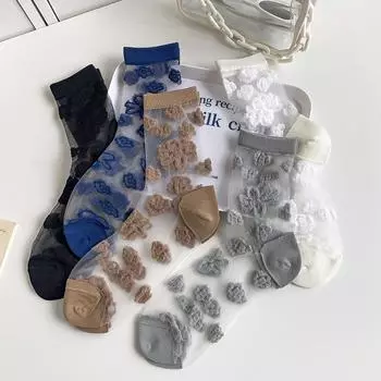 Винтажные сетчатые кружевные носки Harajuku, эластичные длинные носки с цветочной вышивкой, женские корейские модные летние ультратонкие шелковые носки с кристаллами EUR 34-39