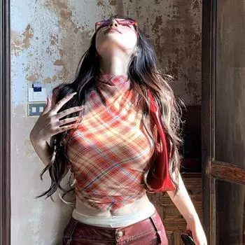 Винтажные сетчатые топы, прозрачные шифоновые клетчатые топы с короткими рукавами Y2k, укороченные топы в стиле ретро, уличная одежда, японские футболки 2000-х годов, летние S красный