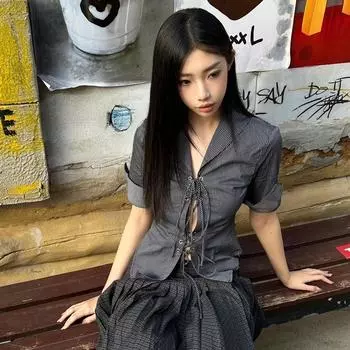 Винтажные сексуальные кокетливые блузки женские корейский стиль панк уличная одежда полосатый принт бандажные ажурные тонкие рубашки Y2k S чёрный