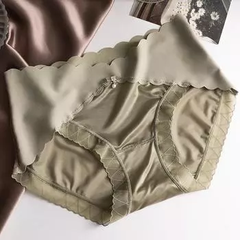Винтажные шелковистые трусики без следов, женское нижнее белье со средней талией, большие размеры, дышащие шелковые антибактериальные трусики с промежностью L зелёный