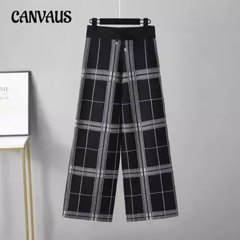 Винтажные широкие брюки в клетку, женские осенне-зимние прямые брюки с высокой талией, свободные и толстые вязаные повседневные брюки One Size серый