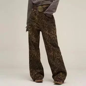 Винтажные широкие джинсы с леопардовым принтом, женские свободные джинсы в стиле хип-хоп, женские уличные джинсовые брюки, женские повседневные брюки большого размера 24225 S коричневый