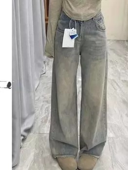 Винтажные широкие джинсы с высокой талией, женские дизайнерские мешковатые брюки с кисточками, женские длинные прямые брюки больших размеров в американском стиле ретро S дубильная кора