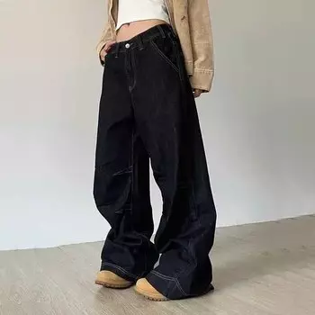 Винтажные широкие джинсы женские Y2K Летняя уличная одежда с высокой талией Свободные джинсовые брюки Однотонные оверсайзные корейские прямые брюки в стиле хип-хоп M чёрный