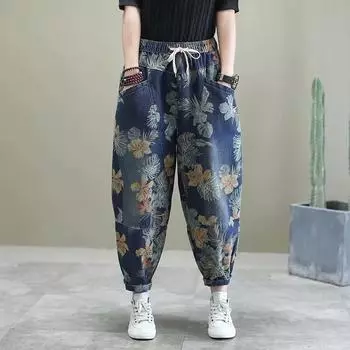 Винтажные штаны-шаровары с принтом, джинсы, женские модные повседневные свободные летние брюки-фонарики на шнуровке, женские уличные брюки XXL чёрный