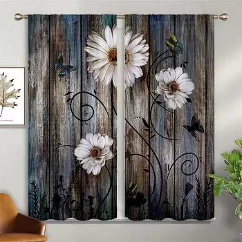Винтажные шторы с цветочным принтом под дерево и карманами для спальни, гостиной, кабинета, декоративные шторы для домашнего декора W50xH130(CM)x2PCS&Rod pocket