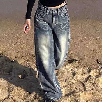 Винтажные синие джинсы Y2k женские мешковатые потертые джинсы с широкими штанинами женские уличные брюки в стиле Харадзюку корейской моды в стиле гранж S синий