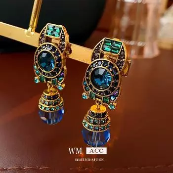 Винтажные синие кристальные клипсы с бриллиантами: Стильные, универсальные, легкие роскошные серьги. Oil Drop Heart Earrings