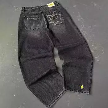 Винтажные синие мешковатые джинсы с высокой талией, уличные джинсы Y2K, мужские брюки в стиле Харадзюку с вышитыми буквами, широкие брюки больших размеров M чёрный