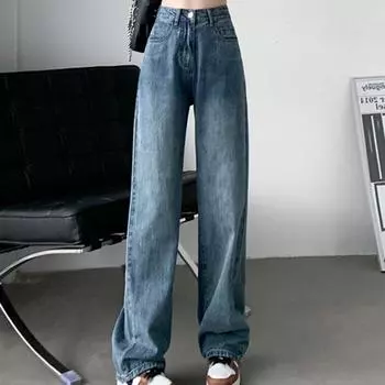 Винтажные синие повседневные широкие джинсы для женщин, модные тонкие свободные прямые джинсовые брюки с высокой талией, женские офисные брюки большого размера 24201 S синий