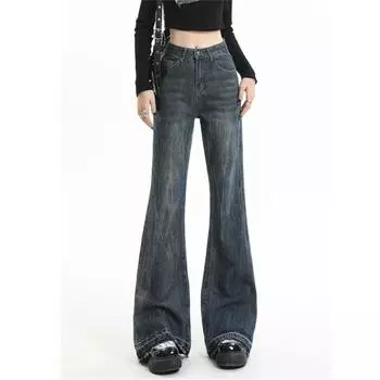 Винтажные синие расклешенные джинсы для женщин, новая мода, тонкие, с высокой талией, 2024, корейские повседневные элегантные и шикарные длинные расклешенные джинсы с легким вырезом клеш S синий