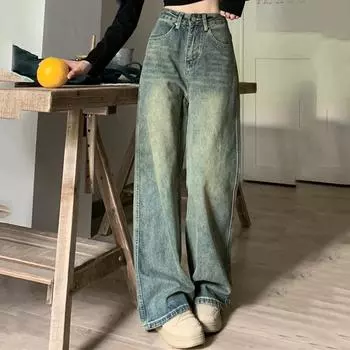 Винтажные синие широкие джинсы с высокой талией, женские свободные прямые повседневные джинсовые брюки, женские простые элегантные офисные женские джинсы, брюки 24233 S синий