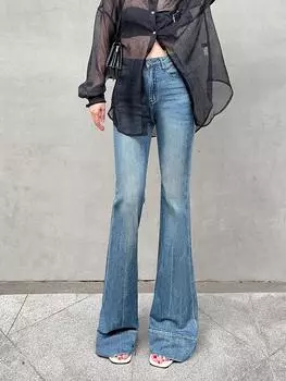 Винтажные синие широкие расклешенные джинсы, женские летние длинные брюки с высокой талией и шваброй S
