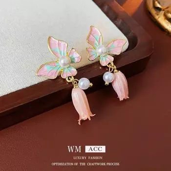 Винтажные средневековые серьги-колокольчики с серебряной иглой, бабочкой, цветком, каплей масла и жемчугом – Ретро-элегантность Silver Needle розовый