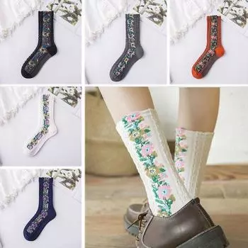 Винтажные средние носки с цветочной вышивкой Harajuku Kawaii, невидимые носки с цветочным принтом для девочек