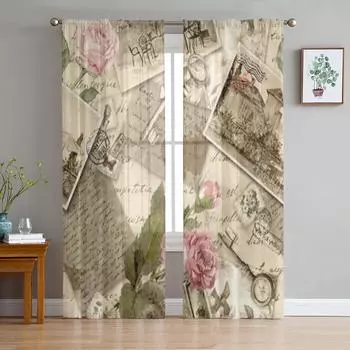 Винтажные старые бумажные прозрачные шторы для гостиной, прозрачный тюль, оконные украшения для спальни, кухни, домашнего декора, вуаль, шторы 135W x 114H(cm)