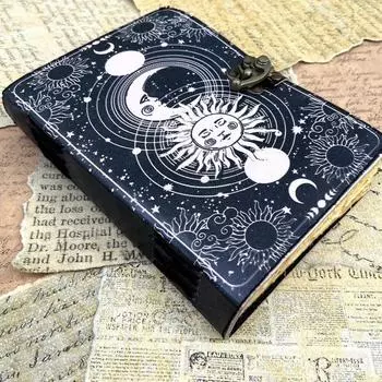 Винтажные страницы с краями Sun-Moon, кожаный журнал, кожаный блокнот, кожаный дневник с замком премиум-класса, лучший подарок на праздники 7 x 5 in чёрный