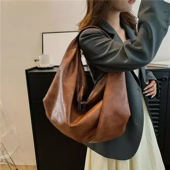 Винтажные сумки-хобо через плечо для женщин из мягкой искусственной кожи чистого цвета, большие вместительные сумки для покупок, последние модные сумки 43x32x13cm чёрный