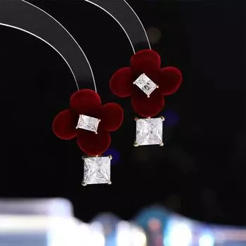 Винтажные супер сказочные милые красные бархатные серьги-цветы с цирконами, серебряные иглы 925 пробы, модные универсальные серьги на осень и зиму