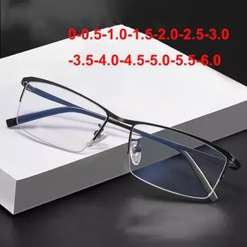 Винтажные сверхлегкие полурамные металлические прямоугольные очки для близорукости для мужчин, очки в деловом стиле с защитой от синего света, очки по рецепту Anti blue light-0 чёрный