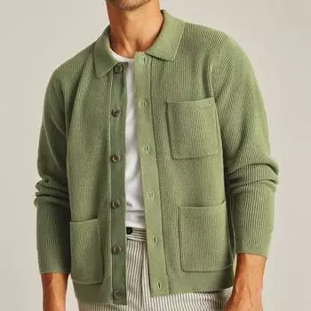 Винтажные свитера с пуговицами на лацканах, мужские повседневные однотонные трикотажные свитера с длинным рукавом, мужские теплые свитера на осень-зиму M зелёный