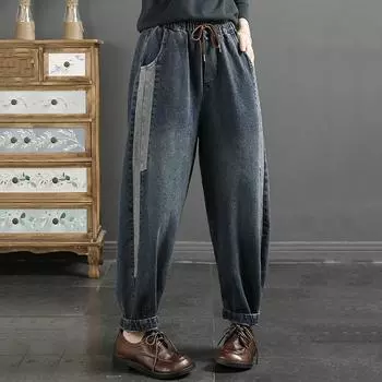Винтажные свободные джинсы-шаровары, женские осенние джинсовые брюки с высокой талией и нашивками, женская уличная одежда, повседневные женские брюки, брюки на осень-зиму 2023 S синий