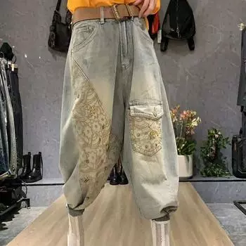 Винтажные свободные джинсы-шаровары женские с высокой талией свободные женские джинсовые брюки осенние повседневные женские брюки S