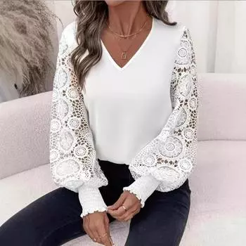 Винтажные свободные кружевные белые рубашки с V-образным вырезом в стиле пэчворк, женские элегантные повседневные ажурные блузки с длинным рукавом, женские топы, модные облегающие женские топы 26209 S белый