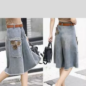 Винтажные свободные широкие джинсы с высокой талией, женские летние тонкие джинсовые брюки с семью точками 28 синий