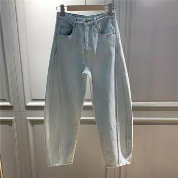 Винтажные свободные синие джинсовые брюки с высокой талией, женские однотонные повседневные женские джинсы, осенние модные прямые женские брюки S синий