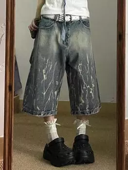 Винтажные свободные синие джинсовые шорты Harajuku для пары, женская уличная одежда, готический рок, панк, повседневные широкие укороченные брюки большого размера S синий