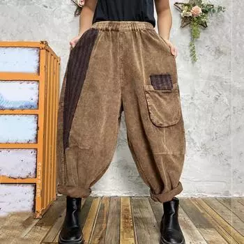 Винтажные свободные вельветовые женские брюки, модные шаровары с карманами, женские повседневные брюки с высокой талией для женщин, весна-осень S чёрный