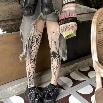 Винтажные темные готические ажурные колготки для женщин, новинка 2024 года, сексуальные колготки с паутиной ведьмы Y2k E Girl, носки в стиле кибер-панк One Size чёрный