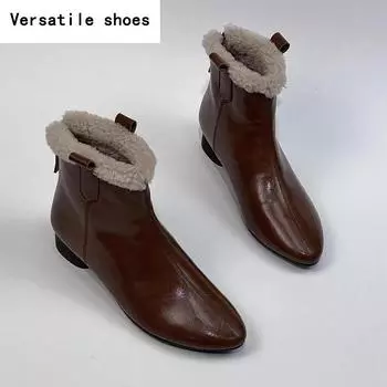 Винтажные теплые меховые женские ботильоны, модные туфли с молнией сзади, осенне-зимние, на толстом каблуке, элегантные короткие женские ботильоны 35