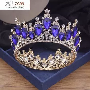 Винтажные тиары и короны в стиле барокко из синего кристалла для королевы, свадебная диадема, выпускной бал, украшения для волос, аксессуары для головы невесты серебро белый