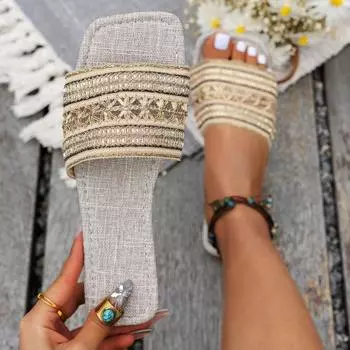 Винтажные тканые шлепанцы, женская одежда, новые летние сетчатые красные нескользящие сандалии на плоской подошве с открытым носком в этническом стиле, женская обувь 36