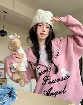 Винтажные толстовки на молнии в стиле Харадзюку, женская уличная одежда, свободная толстовка с капюшоном на молнии, топы розового цвета S розовый