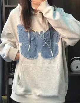 Винтажные толстовки в стиле оверсайз, женские толстовки в стиле Харадзюку, свободная толстовка с капюшоном в стиле ретро в стиле гранж, осень с длинными рукавами M серый