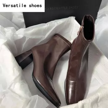 Винтажные толстые каблуки женские тонкие ботильоны модные туфли с квадратным носком осень-зима женские элегантные короткие ботильоны 35