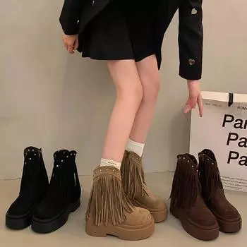 Винтажные толстые женские ковбойские сапоги в стиле вестерн, модные туфли с кисточками, осенне-зимние женские короткие ботильоны на платформе и каблуке 35