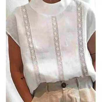 Винтажные топы, женская блузка, однотонная хлопковая льняная летняя повседневная шикарная туника, кружевные лоскутные белые блузки большого размера S белый