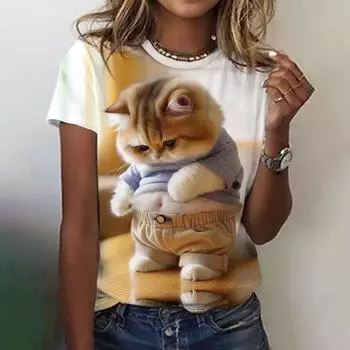 Винтажные топы, женская футболка с рисунком котенка, одежда в стиле Харадзюку, повседневные футболки с коротким рукавом, летний женский пуловер, свободная уличная одежда S