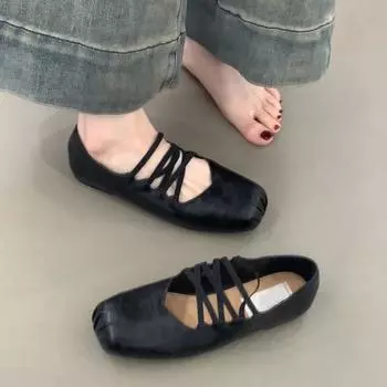 Винтажные туфли-балетки из мягкой кожи с перекрестными ремешками, с квадратным носком, с носиком-пяточком, женские туфли Мэри Джейн с мелким вырезом 35