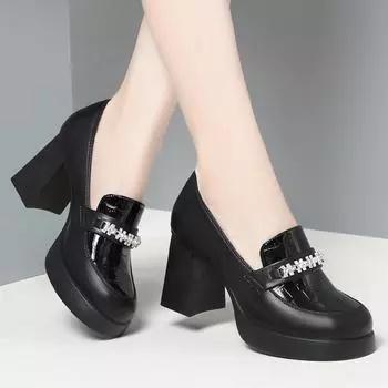 Винтажные туфли из лакированной кожи с глубоким вырезом в британском стиле, женские туфли-лодочки, весенние лоферы на блочном каблуке, офисные туфли на высоком каблуке 35(Foot22.5cm)