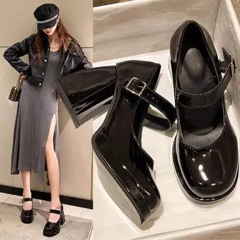 Винтажные туфли Мэри Джейн на высоком каблуке Французские толстые каблуки Одинарные туфли Весенние туфли на высоком каблуке в британском студенческом стиле Маленькие кожаные туфли 35 чёрный