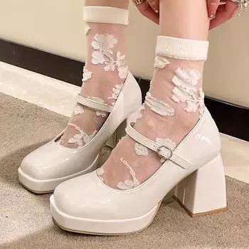 Винтажные туфли Мэри Джейн на высоком каблуке для женщин, лакированные туфли на платформе, женские черные туфли в стиле Лолиты с квадратным носком и толстым каблуком 35 бежевый