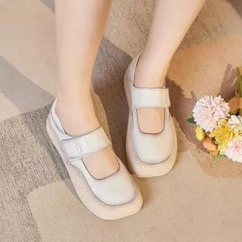 Винтажные туфли Мэри Джейн, женские балетки с квадратным носком, мягкие кожаные мокасины, женские мокасины с ремешками CN 36 бежевый