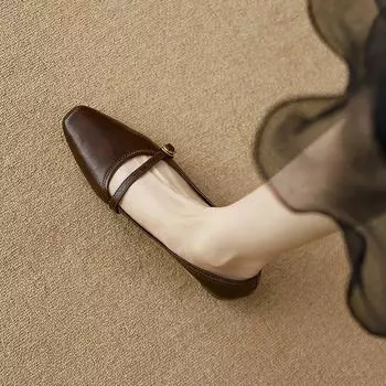 Винтажные туфли Мэри Джейн женские на плоской подошве 2024 весна новые высокий каблук коричневые мягкая подошва с мелким вырезом повседневные женские туфли низкий каблук одинарные туфли 35 коричневый