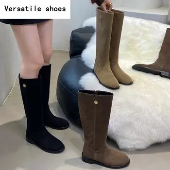 Винтажные туфли на плоской подошве женские сапоги до колена модные туфли с боковыми молниями осень-зима женские лаконичные длинные ботинки женские 35